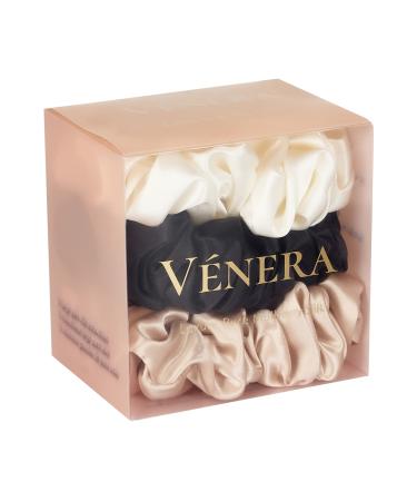 V NERA Silk 100% Pure 22 Momme Mulberry Silk Scrunchies- 3 Pieces Silk Hair Ties for Anti-Crease & Breakage- Oeko-Tex Certified - Luxury Silk Scrunchies for Hair (Black  White  Caramel)