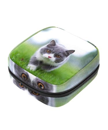 Menstruation pad bag with zipper women's napkin bag tampons collecting bags for women and girls (British short-haired cat that plays on grass)