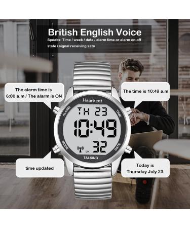 Hearkent Atomic Digital Talking Watch with British English Voice and Big Numbers - Radio-controlled Watch for Elderly or Blind with Elastic Silver Band - Buy Online on GoSupps.com