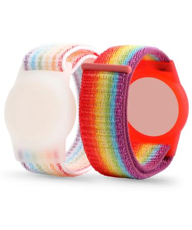 Air tag Wristband Kids(2 Pack) Nylon Air tag Bracelet for Kids Compatible with Apple Air tag Air tags Protective Cover with Strap Holder Lightweight Elastic Watch Band for Kids Elders (Rainbow)