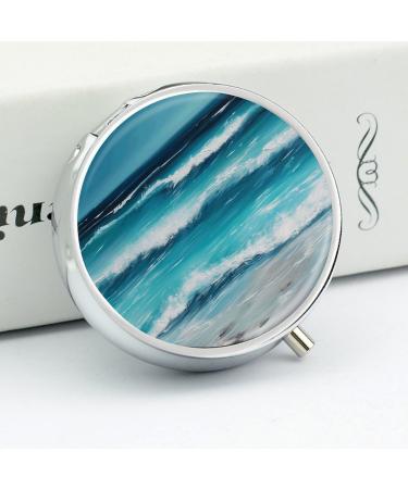 Round Pill Box - Turquoise Beach Seascape Print | 3 Compartment Decorative Metal Portable Pill Organizer - Buy Online on GoSupps.com