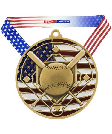 Decade Awards Baseball Patriotic Medal - 2.75 Inch Wide Baseball Medallion with Stars and Stripes American Flag V Neck Ribbon Gold