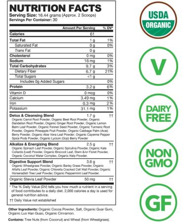 Detox Organics Chocolate Superfood Powder - Cleanse, Detox, and Boost Immunity with Greens Blend - Vegan, Low Carb, Soy/Dairy Free - Buy Online on GoSupps.com