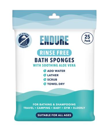 Endure Rinse Free Bath Shower Sponge Wipes - Body Wash Wipes for Bathing - Perfect for Camping Festivals Gym and Travel - Dry Sponge Wipes with Gentle Cleansing Soap. Just add Water (25 Per Pack). 25 count (Pack of 1)