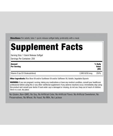 Piping Rock Vitamin D3 2000 IU Softgels - High Potency Non-GMO Supplement (250 Count) - Buy Online on GoSupps.com