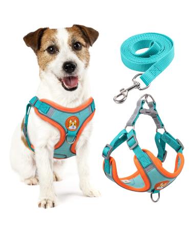 Rennaio dog harness no pull adjustable puppy dishes with 2 linen clips ultra comfortable chest harness and leash set for small and medium-sized dogs (Seeblau L) Seeblau L
