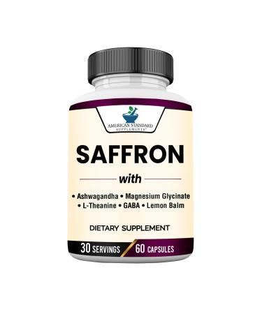 American Standard Supplements Saffron Extract 100mg Per Serving with Magnesium Glycinate Ashwagandha L-Theanine GABA Lemon Balm Vegan Non-GMO 60 Capsules
