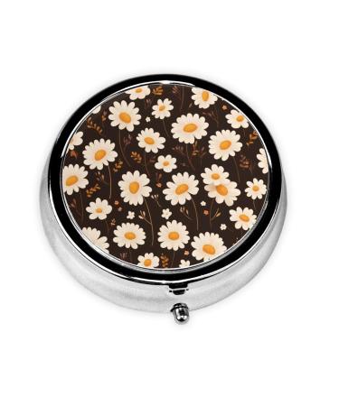 Little White Daisies Portable Metal Pill Box Round Mini 3-Compartment Plastic Insert hinged Fastening Design Suitable for Small Pills Must-Have for Travel