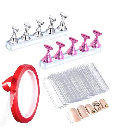 Acrylic Nail Display Stand,2 Sets Nail Practice Holder Magnetic Nail Art Tips Holders Training DIY Display Practice Stands for False Nail Tip Training Finger Display Manicure Tool (Silver Pink) 53 Piece Set 2