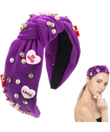 Love Heart Knotted Headband - Pink Top Knot Headband High Skull Pearl Love Heart Headband | Sophisticated Valentine's Day Headband Rhinestone Crystal Jeweled Embellished Hairband for Women Purple - Buy Online on GoSupps.com
