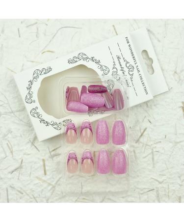 Fashionable Hot Pink Glitter French Tips Press On Nails - 24Pcs Medium Coffin Nails for Women and Girls - Buy Online on GoSupps.com