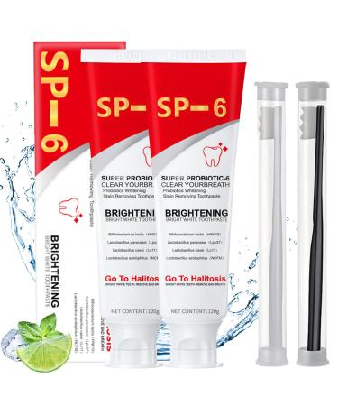 Super ProbioticSp-6 Toothpaste Sp-6 Ultra Whitening Toothpaste Sp 6 Toothpaste Probiotics Bright White Toothpaste Deep Cleaning Care Toothpaste Fresh Breath(2Pcs*120g+2 Toothbrush)