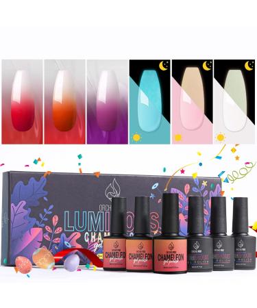 ORCHID FOX Color Changing Gel Nail Polish Set, 2 In 1 Luminous Glow In The Dark and Mood Temperature Changing Gel Nail Polish UV Soak Off Gel Polish 6 Colors Holiday Gifts Manicure Salon DIY at Home Luminous color