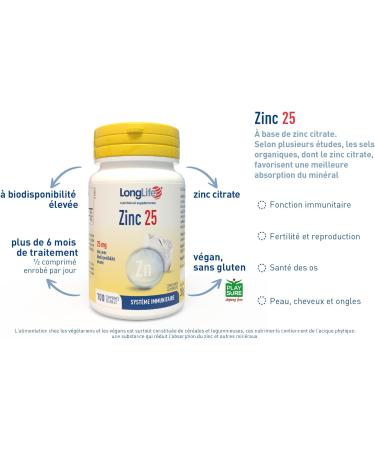 LongLife Zinc 25 | High Dosage 25mg Zinc with High Bioavailability | Over 100 Days of Treatment | Immune Defenses Strengthens Skin & Bone | Vegan & Gluten Free - Buy Online on GoSupps.com