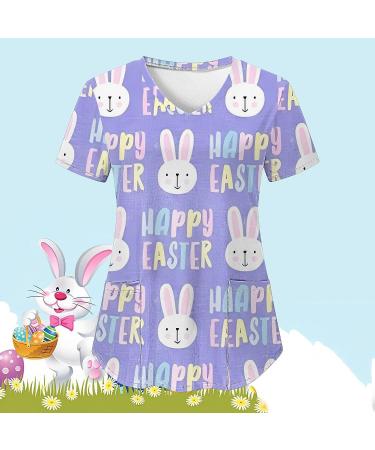 Foldap Easter Nurse Uniforms for Women: Cute Patterned Short Sleeve V-Neck Tee with Pockets | Breathable Plus Size Shirts - Large, C1-purple - Buy Online on GoSupps.com