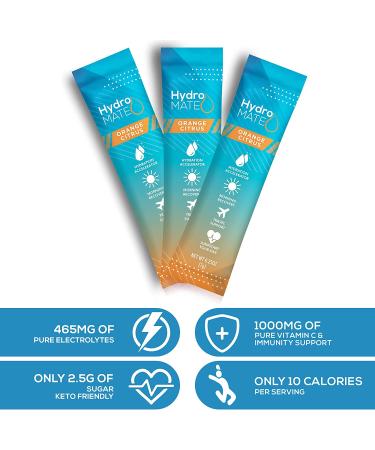 HydroMATE Electrolyte Powder Drink Mix Packets - 30 Count Pack of 1, Low Sugar Hangover Recovery & Hydration Accelerator with Vitamin C - Orange Flavor - Buy Online on GoSupps.com