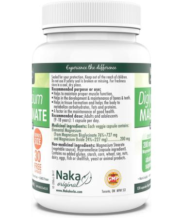 Naka Magnesium Bisglycinate Complex 200 mg PURE Elemental Magnesium Superior Absorption Vegan (90+30 FREE vcaps) 120 count (Pack of 1) - Buy Online on GoSupps.com