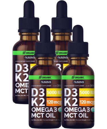 (4 Pack) Organic Vitamin D3 K2 Drops w MCT Oil Omega 3, 5000 IU, Maximum Strength Vitamin D Liquid 5000 IU, No Fillers, Non-GMO Liquid D3 for Faster Absorption & Immune Support, Unflavored, 4 Fl Oz Unflavored 1 Fl Oz (Pack…