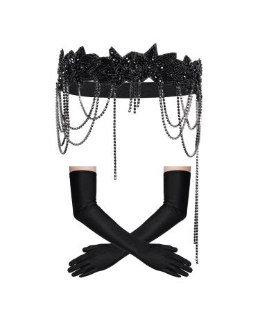 choyaxo 1920s Flapper Great Gatsby Accessories Set 1920s headpiece Roaring 20s Headband Long Gloves for Women Black Standard
