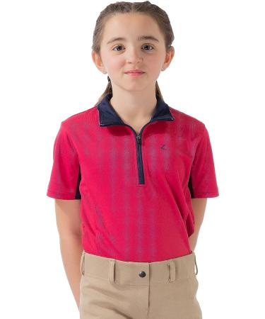 Horze Kids' Short Sleeved Equestrian Sun Shirt - Pink/Peacoat Dark Blue - XL (EU 158-164) | Moisture-Wicking, UV Protection, Mesh Under-Sleeves - Buy Online on GoSupps.com