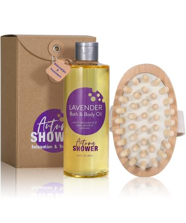 Shower Oil - Lavender Bath and Body Oil for Dry Skin with Coconut Oil, Sweet Almond Oil & Shea Butter, Moisturizing Oils with Body Massage Brush Gift Set for Women & Men 8.8 fl oz, Christmas Gifts