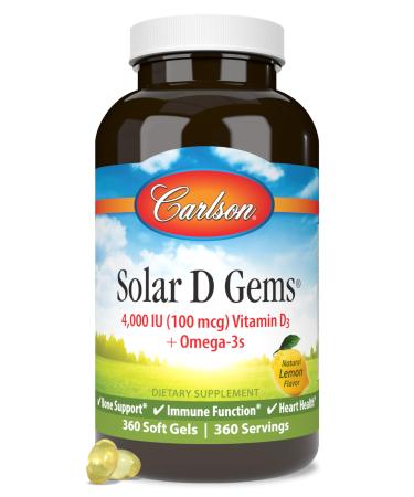 Carlson - Solar D Gems Vitamin D3 and Omega-3 Supplement 4000 IU (100 mcg) D3 115 mg Omega-3 EPA and DHA Vitamin D Fish Oil Capsule Bone & Immune Health Vitamin D Supplement Lemon 360 Softgels 360 Count (Pack of 1)