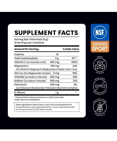 Zero Sugar Electrolyte Powder Packs - Hydration & Recovery Drink Mix - D-Ribose Zinc & Vitamin C - NSF Certified Clementine Flavor - 14 Packets - Buy Online on GoSupps.com