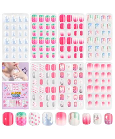 SAVILAND 168Pcs 7 Pack Press on Nails for Kids Children Fake Nails Stick on Nails Pre-glue Full Cover Glitter Gradient Color Star Short Acrylic Nail Tips Nail Art Gifts for 8-12 Year Old Kids Girls Blue Pink White Silver