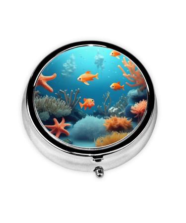 Coral Fish Underwaterround Pill Box 3 Compartment Round Pill Box Organizer * Portable Travel Pill Box for Traveling.