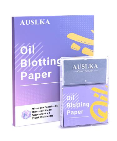 AUSLKA Oil Absorbing Tissues (255 Sheets), Makeup Mirror with Oil Blotting Paper Sheets, Premium Handy Face Blotting Sheets - Facial Skin Care or Make Up Must Have