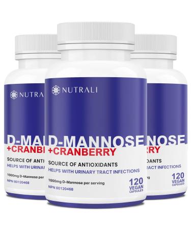 Fast-Acting D-Mannose with Cranberry Pills for UTI Treatment 500mg per capsule Bladder and Urinary Tract Support 1000mg per Serving (2 Capsule) Cranberry Supplement Dandelion Extract & Hibiscus Powder 360 Capsules 120 count (Pack of 3)