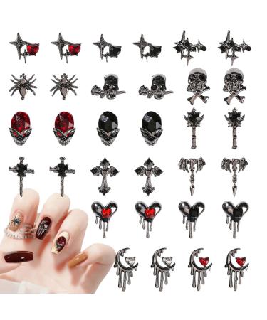 Halloween Nail Charms 32 Pcs 3D Star Moon Heart Cross Skull Spider Nail Rhinestones Gems Vintage Punk Metal Nail Art Decorations Black Nail Jewelry for DIY Nail Accessories