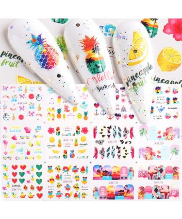 Nail Stickers 12 Sheets Water Transfer Summer Nail Decals Colorful Fruit Nail Art Supplies Sticker Pineapple Watermelon Nail Art Stickers Summer Element Pattern Nail Designs DIY Nail Art Accessories