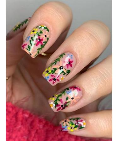 24pcs Green Leaves Press on Nails Botanical Plant Fake Nail Green Medium Square Coffin Nails Press on Nails Coffin Shape Nails