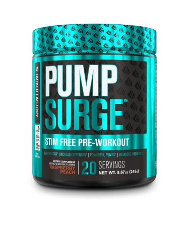 PUMPSURGE Caffeine Free Pump & Nootropic Pre Workout Supplement - Non Stimulant Preworkout Powder & Nitric Oxide Booster - 20 Servings, Raspberry Peach