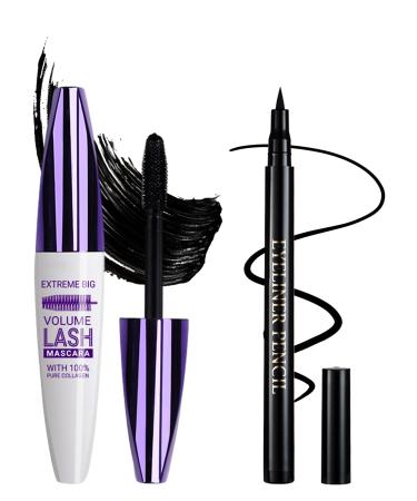 Black Voluminous Mascara & Waterproof Eyeliner Pen Set- Smudge-Proof Long-Lasting Colored Mascara Liquid Matte Eyeliner 5D Lengthening Curling Thick Lashes Color Mascara Tubing Women Vegan Eye Makeup