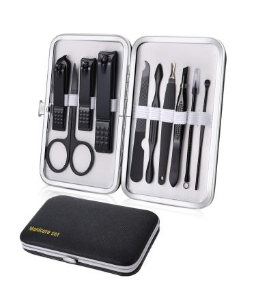Manicure Set 10pcs Professional Nail Clippers Kit Pedicure Care Tools-Stainless Steel Grooming Tools for Travel (Black White)