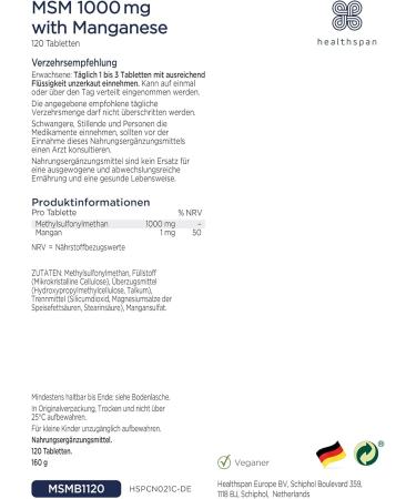 Healthspan MSM 1 000 mg with Manganese | Vegan Sulfur Supplement for Joint Health | 120 Tablets - Buy Online on GoSupps.com