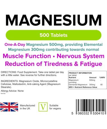 Lindens 500mg Magnesium Tablets - Reduces Fatigue & Supports Metabolism - 500 Count - UK Manufacturer - Letterbox Friendly - Buy Online on GoSupps.com