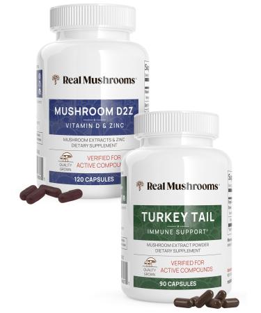 Real Mushrooms Vitamin D2 Zinc Chaga Reishi (120ct) and Turkey Tail (90ct) Bundle - Natural Immune Strength Supplement with Highest Levels of Beta-Glucans - Vegan Gluten Free Non-GMO