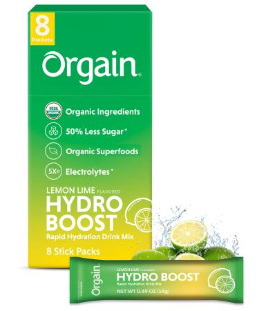 Orgain Organic Hydration Packets  Electrolytes Powder - Lemon Lime Hydro Boost with Superfoods Gluten-Free Soy Free Vegan Non GMO Less Sugar than Sports Drinks Travel Packets 8 Count Lemon Lime 8 Count (Pack of 1) - Buy Online on GoSupps.com