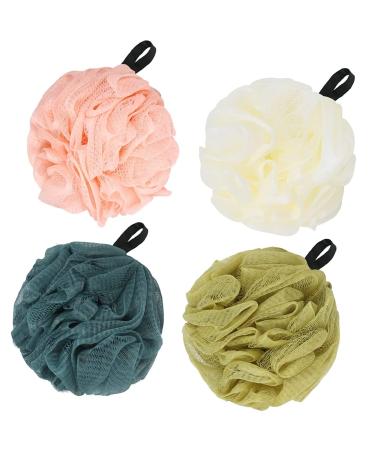 Salawei Bath Shower Loofah Sponge 4 Packs Body Wash Scrubber Exfoliator Loofa Pouf for Use in Shower Essential Skin Care Men Women Bathing Accessories (4 Colors) (Black Ribbons)