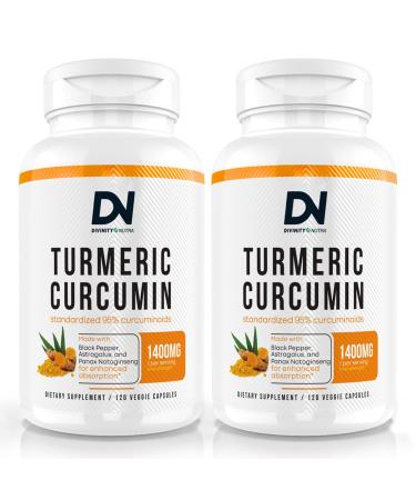 Turmeric Curcumin with BioPerine Black Pepper 1400mg Support GLP-1 Naturally Max Absorption Turmeric for Joint Support with 95% Standardized Curcminoids C3 Complex 2 Bottles 120 Capsules Each