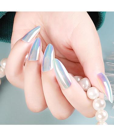 ZASKHLD 24pcs Chrome Press on Nails Holographic Light Fake Nails Almond Mirror Glue on Nails Luxury Metallic Chameleon False Nails Soft Reusable for Women Acrylic Coffin Nails Decor Nails Salon Medium Length - A8