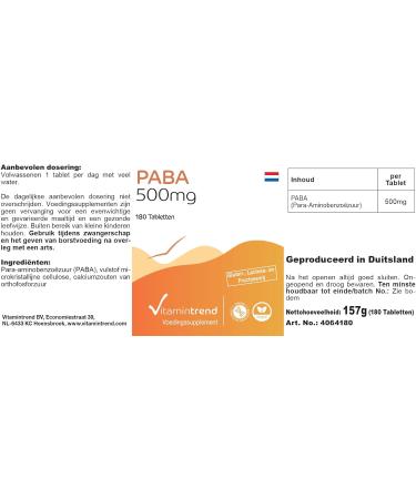 PABA 500mg - 180 Vegan Tablets | 6-Month Supply of Vitamin B10 - Para-Aminobenzoic Acid | Buy Now at Vitamintrend  - Buy Online on GoSupps.com