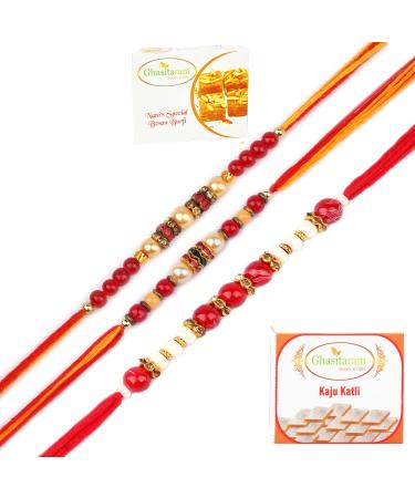 Ghasitaram Gifts Rakhi for Brother Rakhis Online - Set of 3 RS-140 6349 6941 Pearl Rakhis with 200 GMS of Besan Barfi and 200 GMS of Kaju Katli