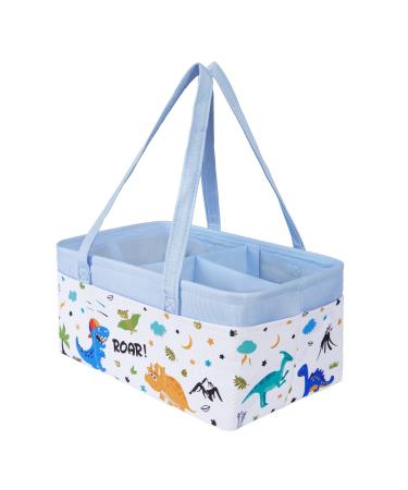 Dinosaur Diaper Caddy - Collapsible Nursery Organizer for Boy Infant Baby Shower Gifts Large Blue Storage Basket for Changing Table Car Travel Living Room Newborn Essentials Must Have Dots