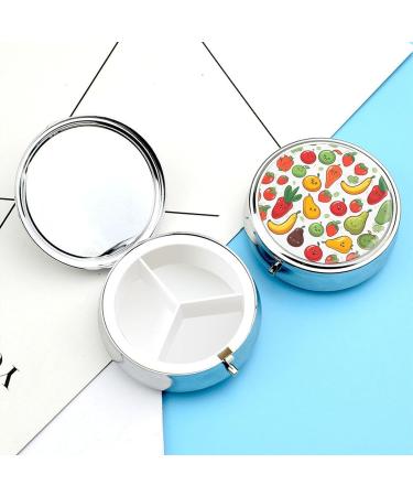 Round Pill Box with Vegetable & Fruit Print - 3 Compartment Portable Metal Pill Organizer - Buy Online on GoSupps.com