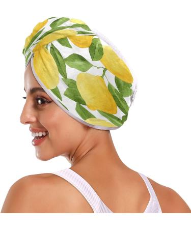 Watercolor Lemons Dry Hair Cap & Quick Drying Towel Set - Super Absorbent Soft Comfortable | 2 Piece Button Headband - Buy Online on GoSupps.com