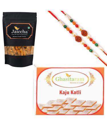 Ghasitaram Gifts Rakhi Gifts for Brothers Best of 2 Kaju Katli and Butter Chakli Sticks Pouch with 2 Rudraksh Rakhis